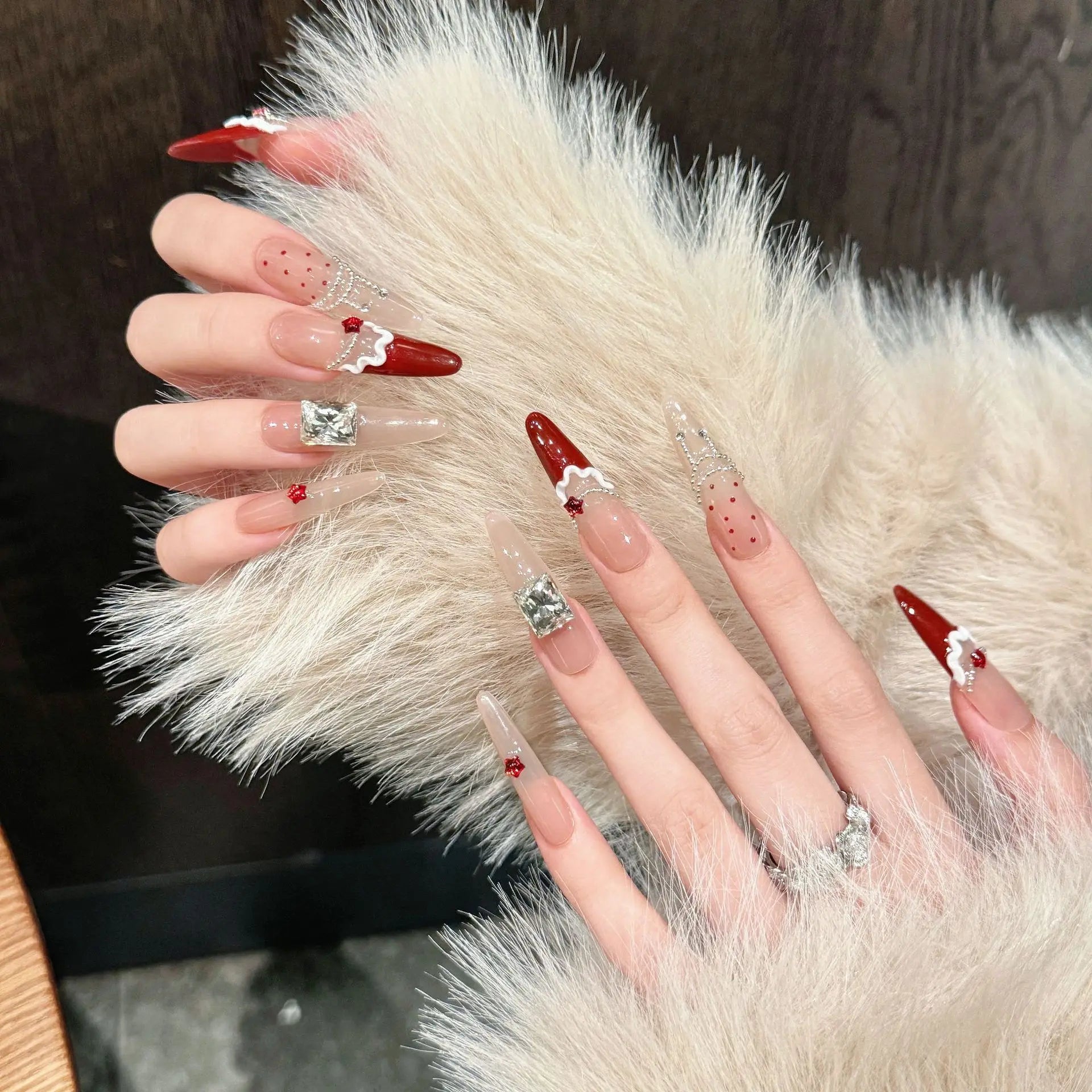 Daiiibabyyy  10pcs Christmas Handmade Nails Tips Snowman Cake Design Extra Long Oval Fake Nail Art French False Nail Bow Press on Nails Sets