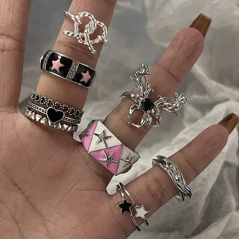DAIIIBABYYY  -  Pink Acrylic Butterfly Knuckle Ring Set For Women Crystal Enamel Flower Rings Girls Fashion Jewelry