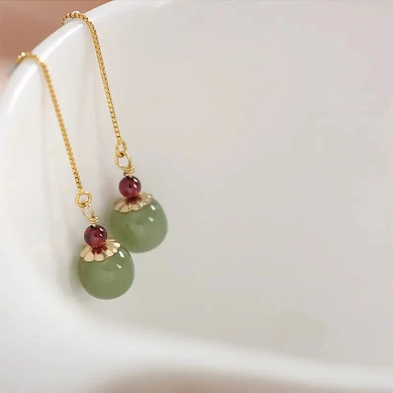DAIIIBABYYY  -  Gold Color Hetian Jade Earrings for Women Green Round Jewelry Girls Gift Grace Ethnic Style