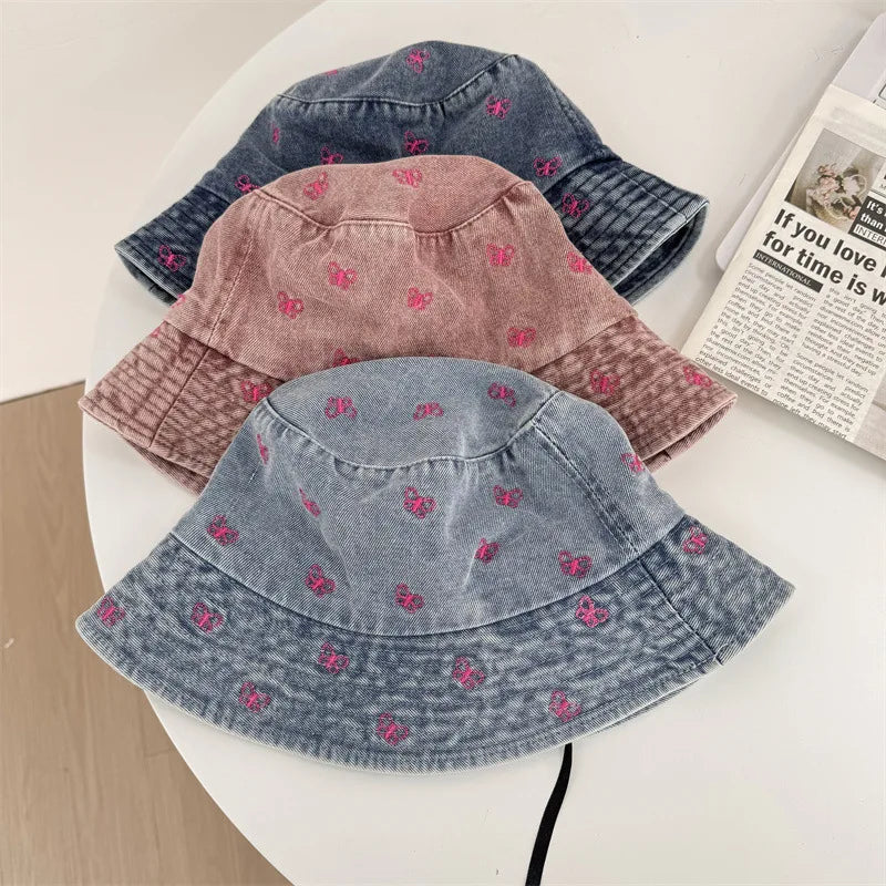 Butterfly Embroidery Bucket Hat For Women Summer Cowboy  Hat Autumn Ladies Fisherman Caps Outdoor Travel Sun Protect Hats