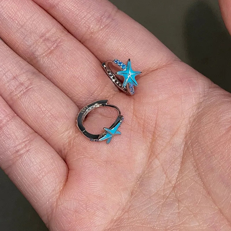 DAIIIBABYYY  -  Marine Style Blue Seashell Stud Earrings for Women Starfish Ear Stud Inlaid Romantic Crystals Girls Fashion Jewelry Summer Gifts