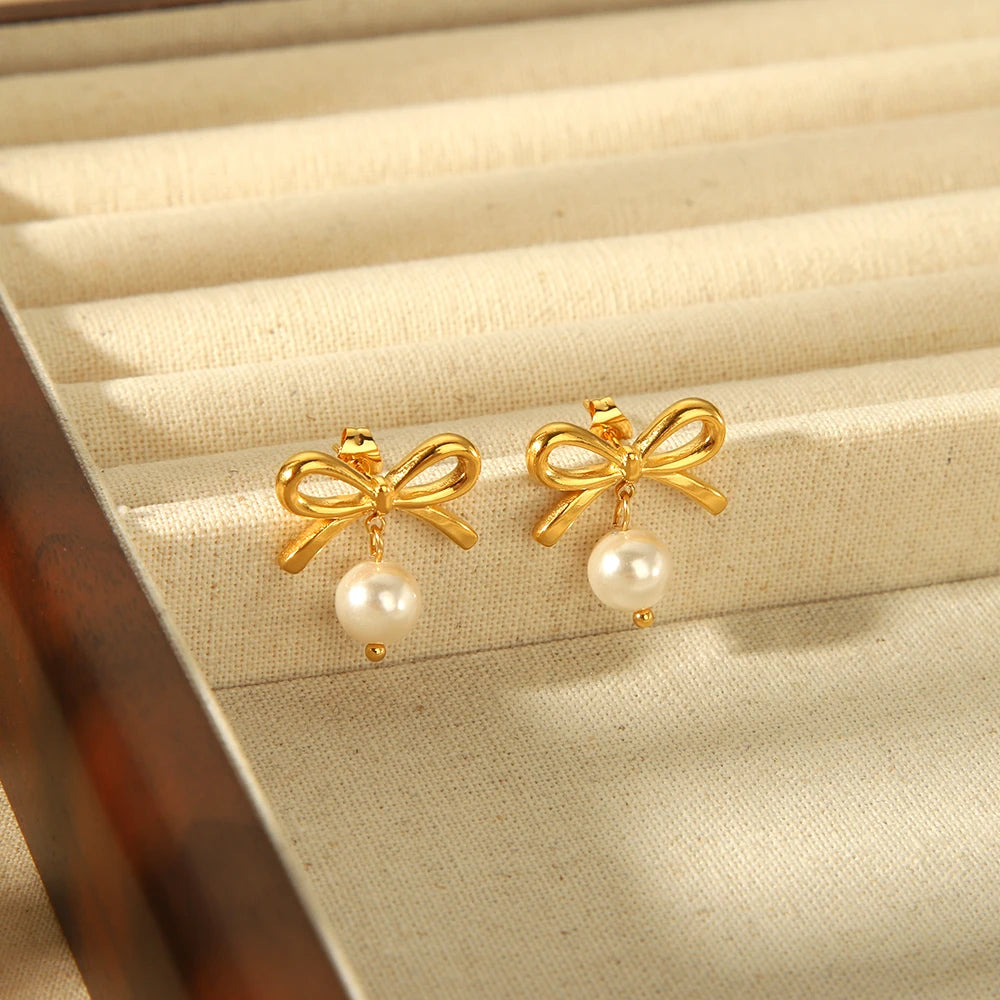 DAIIIBABYYY  -  Stylish 18K Gold Plated Stainless Steel Bowknot Imitation Pearl Drop Stud Earrings for Women Charm Bow Earring Party Gift