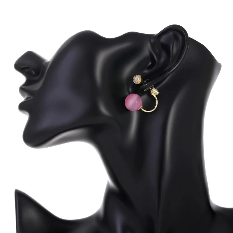 DAIIIBABYYY  -  Korean Sweet Pink Round Bead Earrings Set with Shiny Cubic Zirconia Stud Earrings for Women Elegant Fashion Jewelry Accessories