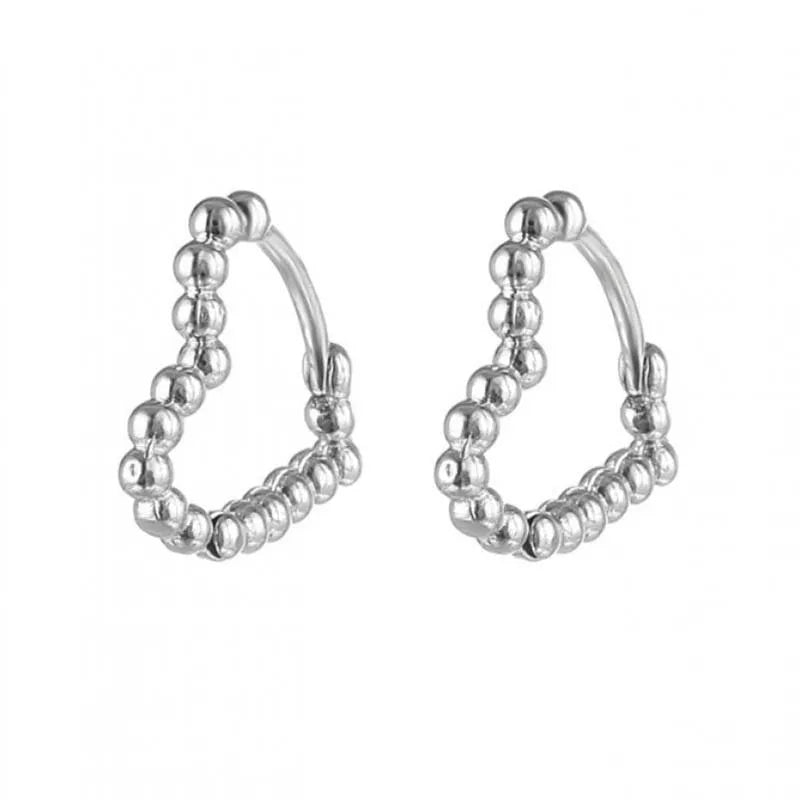 DAIIIBABYYY  -  Simple Silver Color Round Bead Heart-Shaped Circular Ear Buckle Fashion Small Versatile Earrings Women's Jewelry