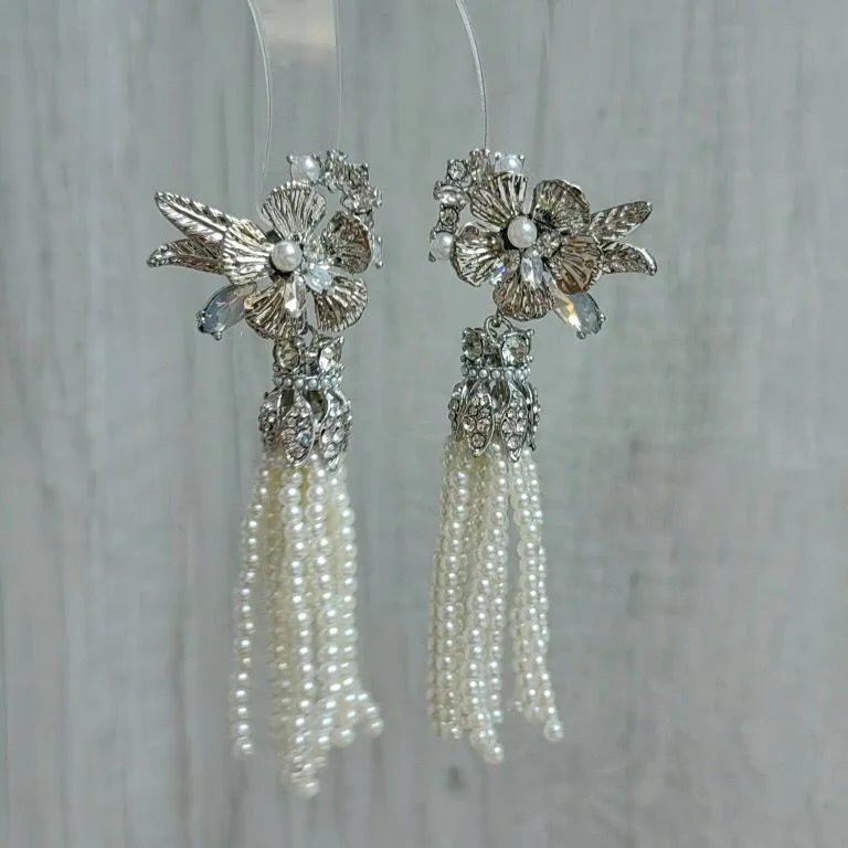 DAIIIBABYYY  -  Korean Design Fashion Silver Color Metal Pearl Tassel Earrings Elegant Long Flower Drop Earings Female