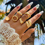 DAIIIBABYYY  -  6Pcs/Set Gold Color Smooth Geometric Open Rings Set For Women Exaggerated Metal Irregular Thick Chunky Ring Jewelry Gift
