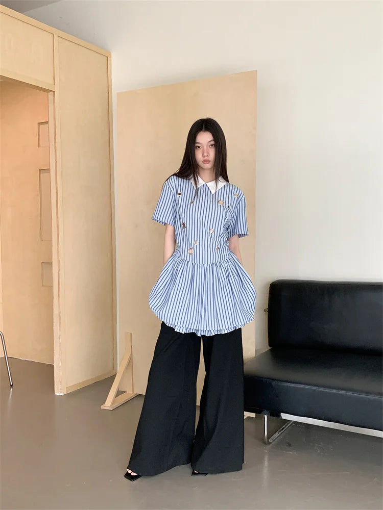 DAIIIBABYYY  -  Preppy Blue And White Striped Short Sleeve Dress Polo Collared Hollow Out Rings Mini Shirt Dress Women 2024 Summer