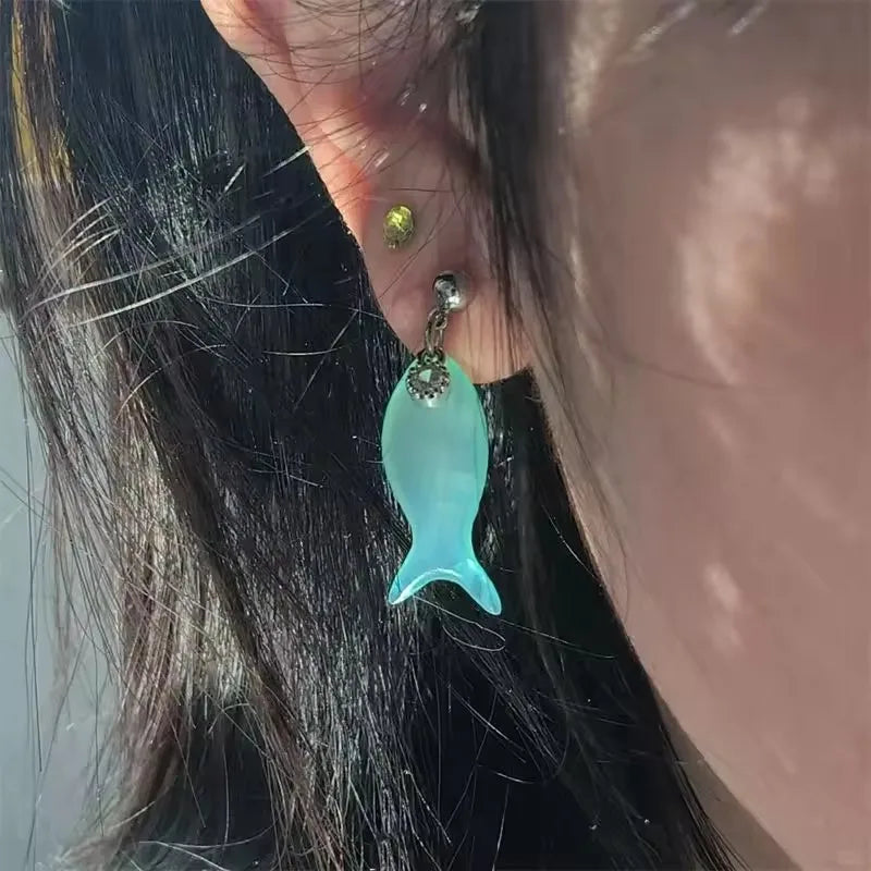 Daiiibabyyy  Fashionable Summer Cute Fun Blue Small Fish Zircon Pendant Women's Beach Style Party Jewelry Earrings Gift