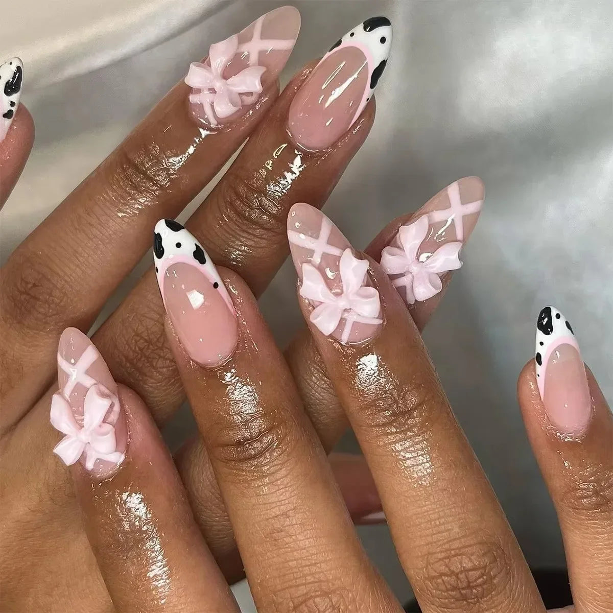 Daiiibabyyy  White Glitter Powder Bowknot Long Pointed Fake Nails Art Ballet False Nail Cow Print Pearl Rhinestone Pink Almond Press on Nails
