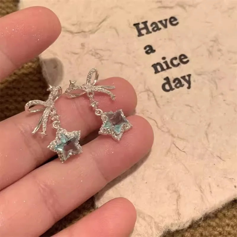 Daiiibabyyy Exquisite Blue Star Shaped Crystal Stud Earrings for Women Personalized Stylish Daily Accessories Party Jewelry Birthday Gifts