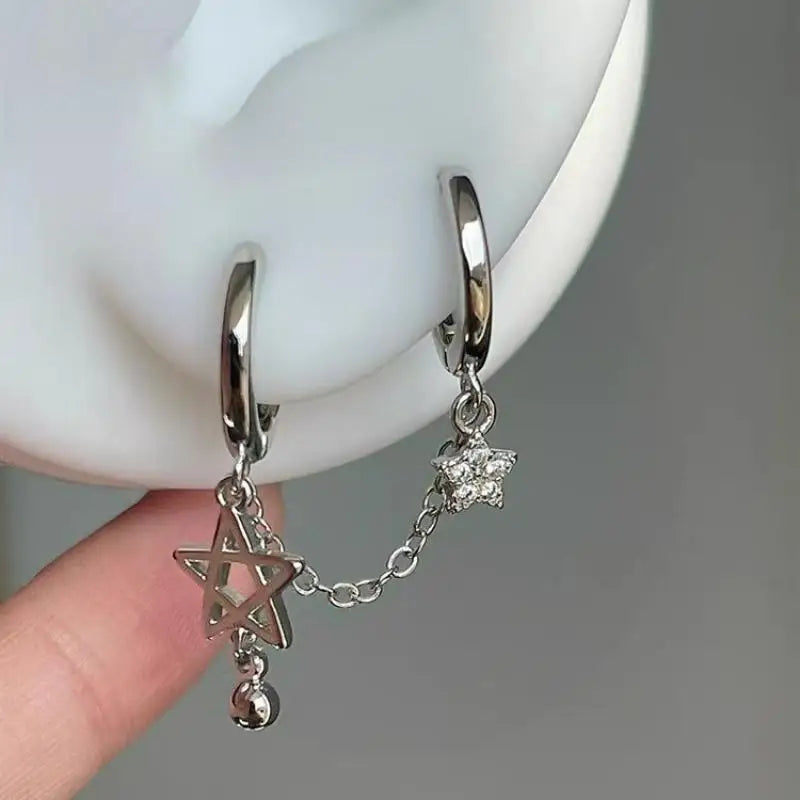 DAIIIBABYYY  -  Hiphop Punk Rhinestone Star Chain Double Ear Hole Fashion Silver Color Round Bead Pendant Hoop Earrings Y2K Fashion Jewelry Gift