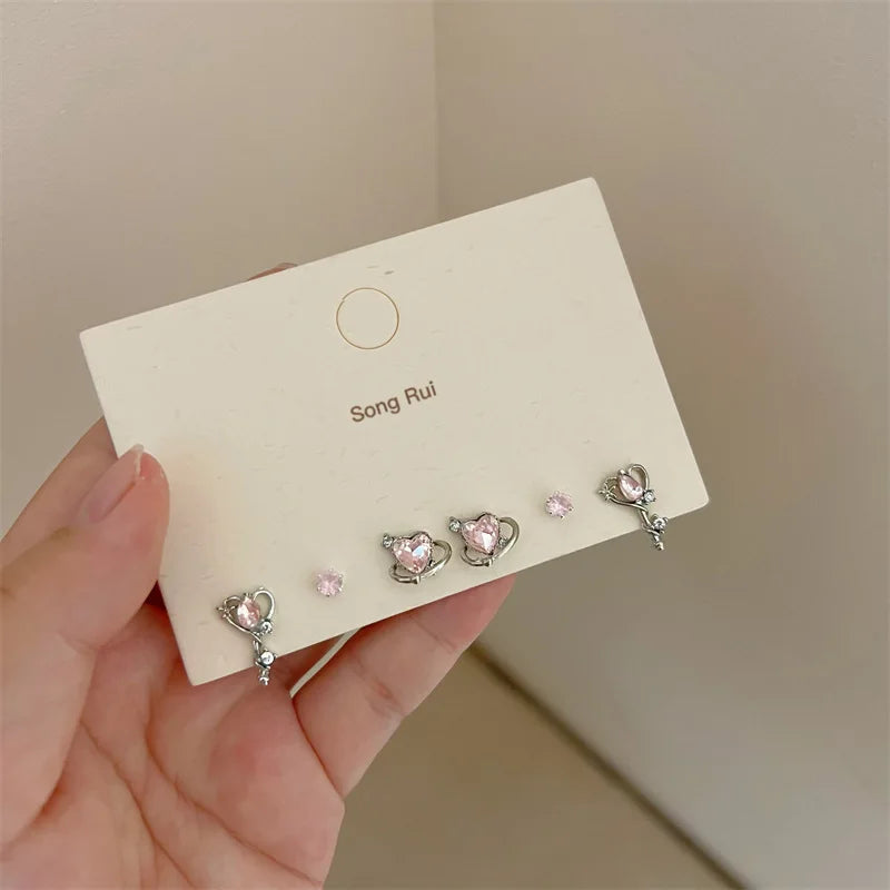 DAIIIBABYYY  -  Charm Y2K Bow-knot Heart Pink Silver Color Rhinestone Stud Earrings Set Women Korean Fashion Girls Sweet Earring Jewelry