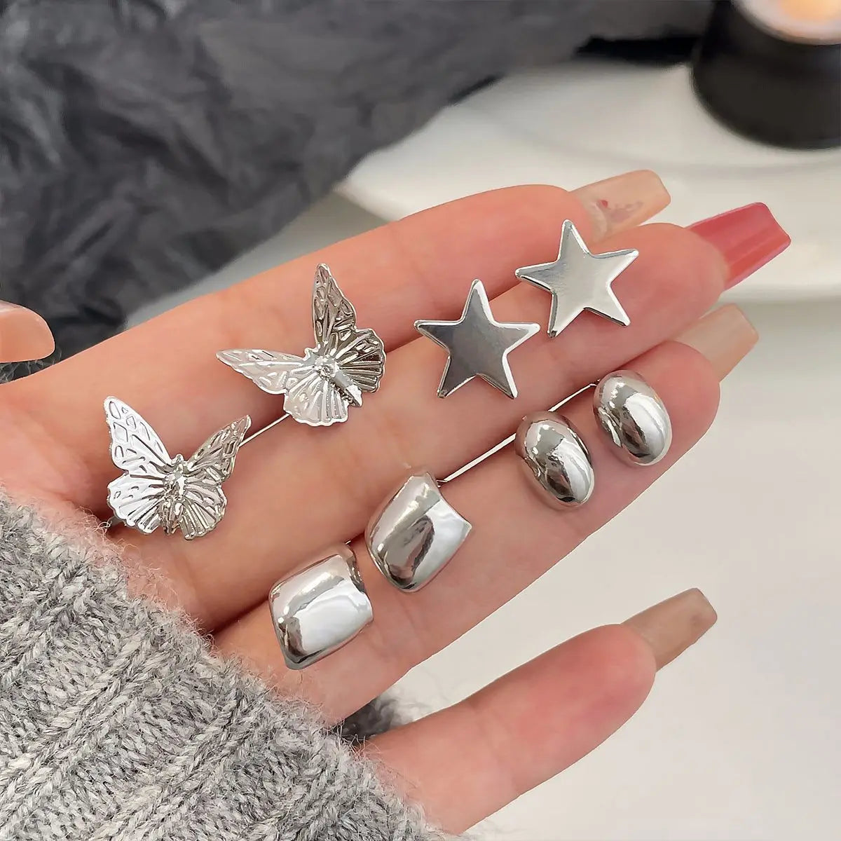 DAIIIBABYYY  -  Silver Plated Elegant INS Style Butterfly Star Stud Earrings Set Women Korean Fashion Simple Geometric Earring Jewelry