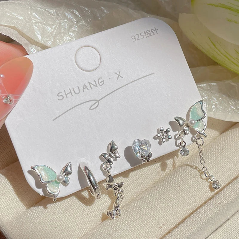 DAIIIBABYYY  -  Girls Sweet Summer Green Color Stud Earrings Set Butterfly Rhinestone Pearl Tassel Drop Earring Women Party Jewelry