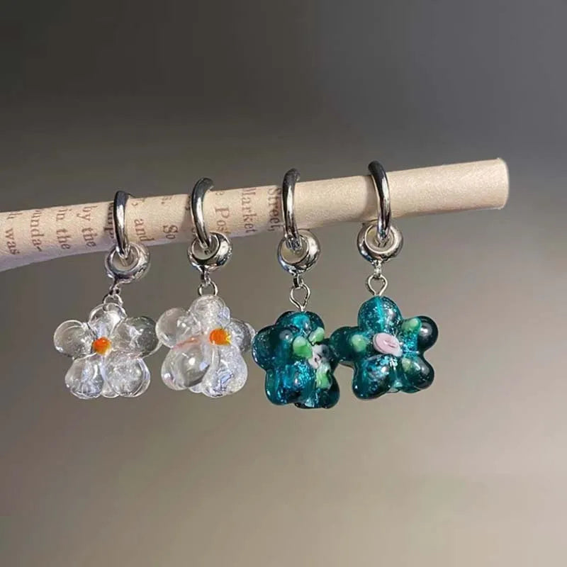 DAIIIBABYYY  -  Flower Glazed Earrings Clear Crystal Texture Paired Unique Cute Colorful Earrings Sweet Trendy Delicate Earrings Women's Jewelry