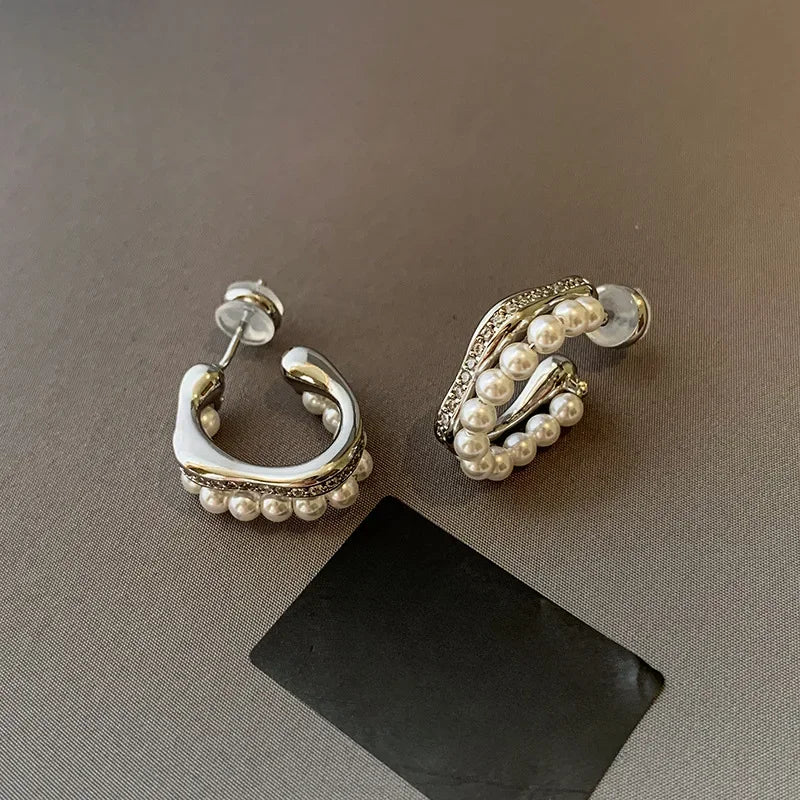 Daiiibabyyy  Inlaid Rhinestone Pearl Earrings for Women European and American Retro Elegant Fashion Stud Earring Luxury High-end Jewelry