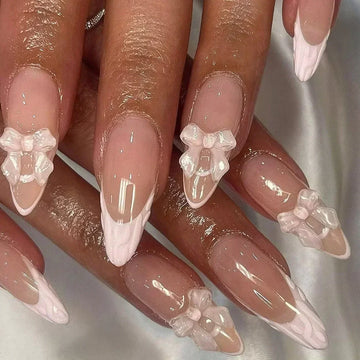 Daiiibabyyy  White Glitter Powder Bowknot Long Pointed Fake Nails Art Ballet False Nail Cow Print Pearl Rhinestone Pink Almond Press on Nails