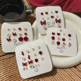 DAIIIBABYYY  -  Autumn Winter Wine Red Bow Flocked Fleece Stud Earrings Set Women Korean Fashion Heart Bow Floral Pearl Earring Jewelry