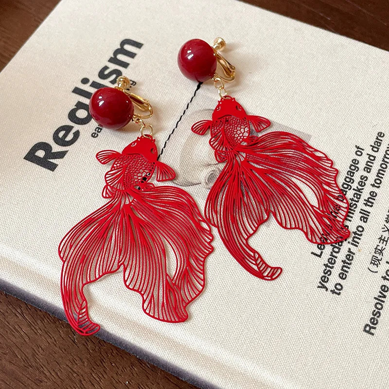 DAIIIBABYYY  -  Red Koi Fish Clip on Earrings for Women Hollow Metallic Goldfish Ear Clip Earrings with No Piercing Ear Jewelry Lucky Gifts