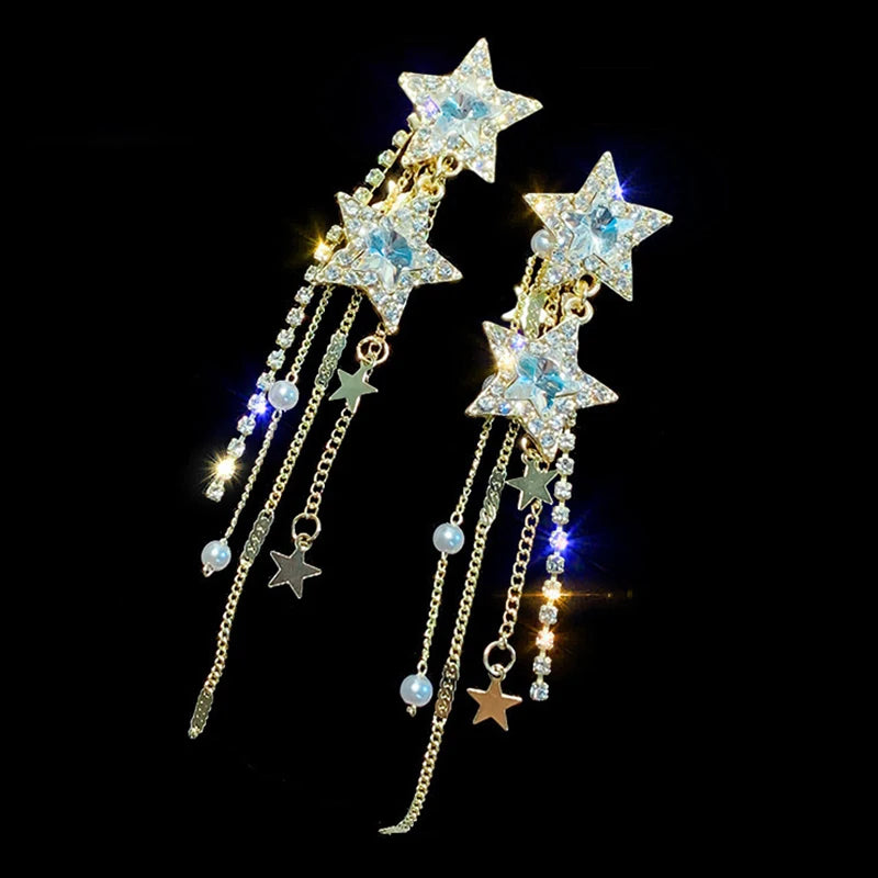 Daiiibabyyy  Korean Style Star Drop Earrings for Women New Bijoux Long Tassel Shiny Blue Crystal Dangle Earrings Jewelry Accessories