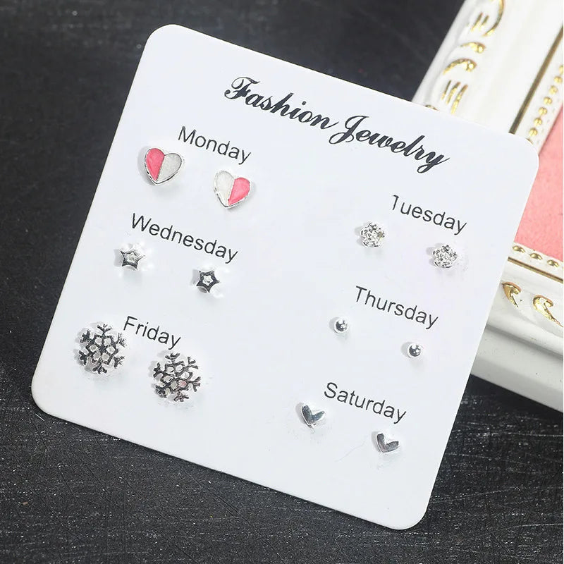 DAIIIBABYYY  -   2024 Creative Week Stud Earrings Set for Women Heart Pearl Rhinestone Earring Korean Fashion Party Jewelry Wholesale