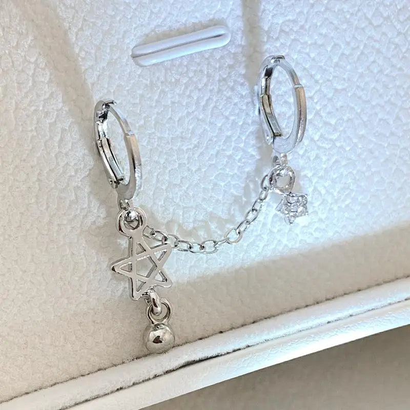 DAIIIBABYYY  -  Hiphop Punk Rhinestone Star Chain Double Ear Hole Fashion Silver Color Round Bead Pendant Hoop Earrings Y2K Fashion Jewelry Gift