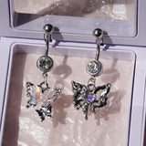 DAIIIBABYYY  -  Punk Butterfly Belly Button Rings Stainless Steel Dangle Zircon Dangle For Women Belly Navel Rings Body Belly Piercing Jewelry
