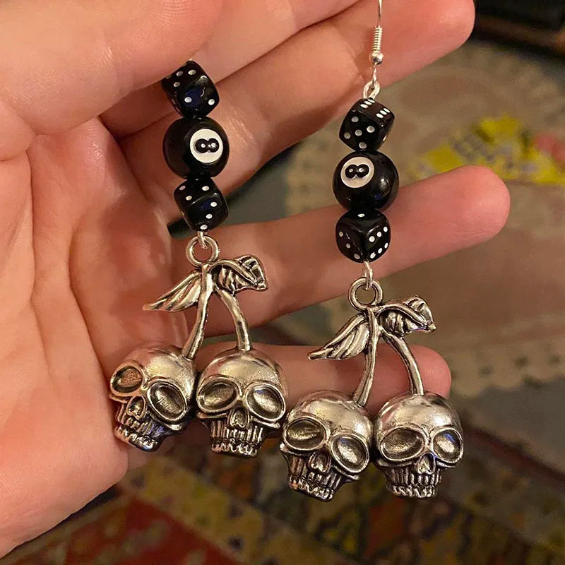 DAIIIBABYYY  -  handmade skull lucky cherry cherries grunge earrings eight balls black dice
