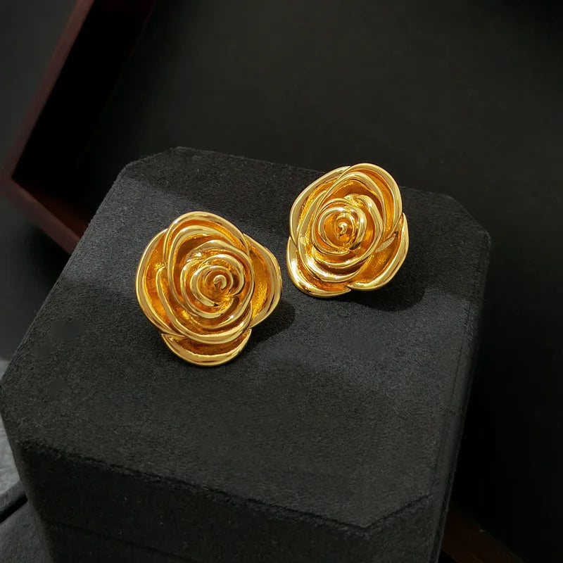 DAIIIBABYYY  -  Gold Color Rose Stud Earrings Women Personality Flowers Earrings Girl Travel Party Jewelry Accessories