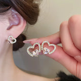 Daiiibabyyy  Silver Needle Studded Diamond Heart Sweet Earrings Set Women's Simple Fashion Temperament Stud Earring Light Luxury High-end
