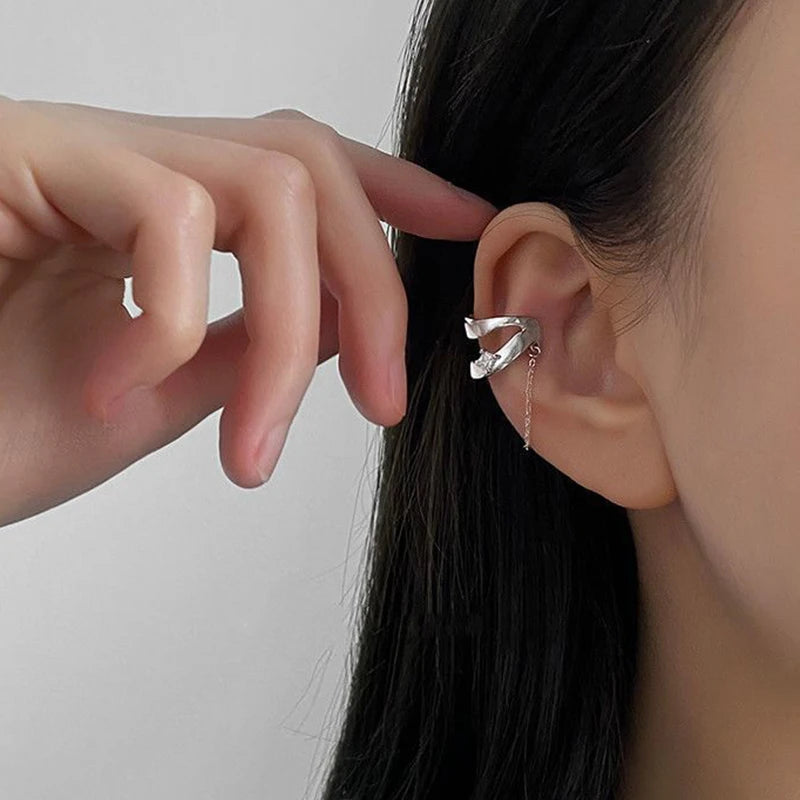 DAIIIBABYYY  -  Y2K Double Layer Zircon Tassel Chain Non Pierced Clip On Earrings Silver Color Ear Accessories Earcuff Fashion Jewelry Gifts