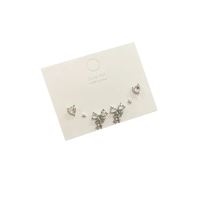 DAIIIBABYYY  -  Charm Y2K Bow-knot Heart Pink Silver Color Rhinestone Stud Earrings Set Women Korean Fashion Girls Sweet Earring Jewelry