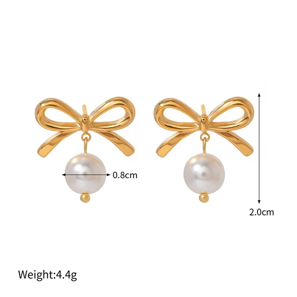 DAIIIBABYYY  -  Stylish 18K Gold Plated Stainless Steel Bowknot Imitation Pearl Drop Stud Earrings for Women Charm Bow Earring Party Gift
