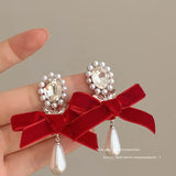 DAIIIBABYYY  -  Women New Year Christmas Wine Red Velvet Bow Earrings Korean Fashion Girls White Plush Ball Dangle Earring Jewelry Gift