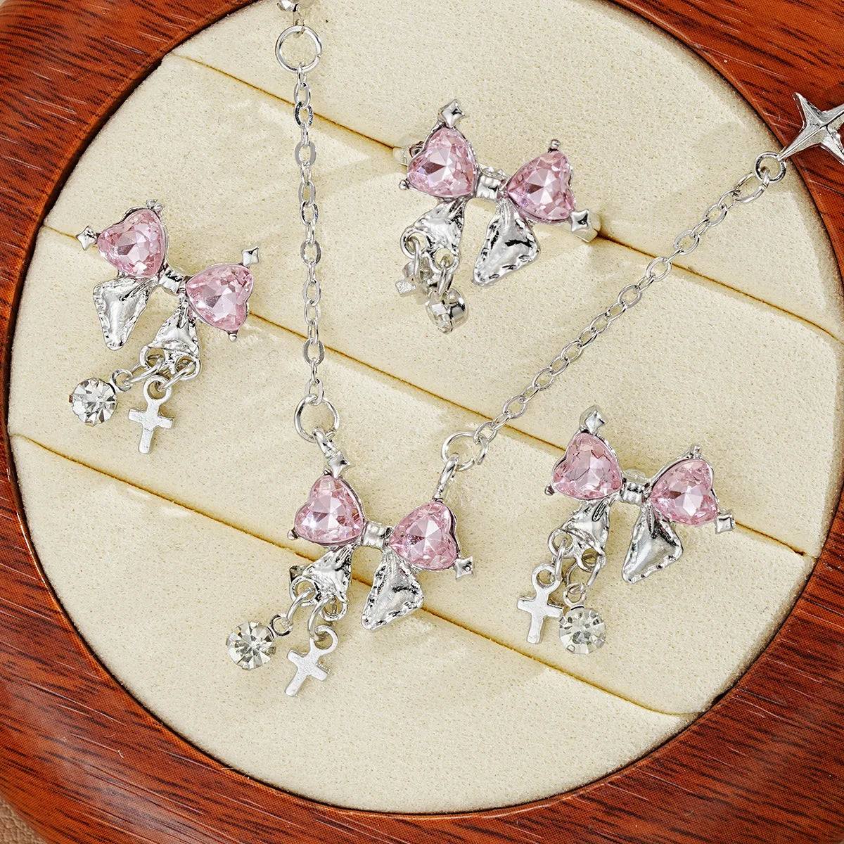 DAIIIBABYYY  -  2024 Fashion Sweet Zircon Bow Necklace Earrings Rings Set Three Pieces Silver Color Elegent Luxury Y2K Jewelry Set Party Gifts 