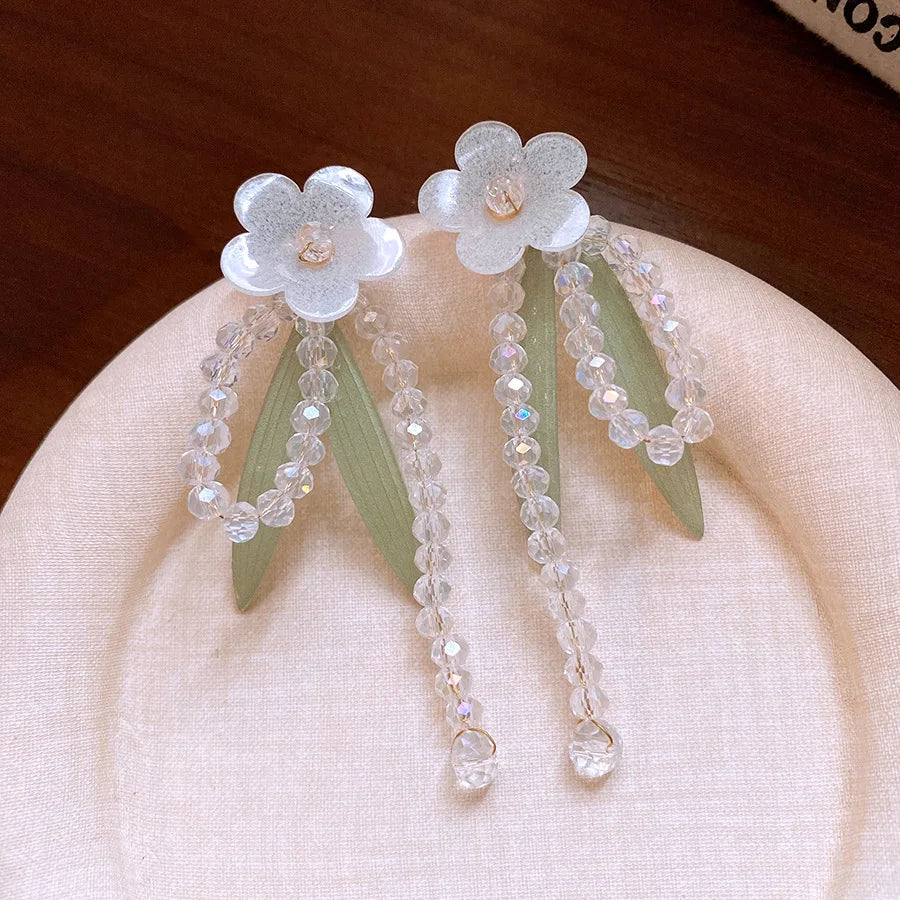 DAIIIBABYYY  -  Light Luxury Sweet Glass Crystal Flower Leaf Tassel Dangle Earrings For Women Fashion Cute Sweet Jewelry Accessories Gifts