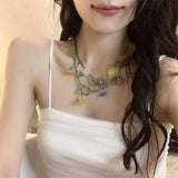 DAIIIBABYYY  -  Handmade Resin Flower Necklace Korean Style Jewelry Accessories Beaded Dangle Earring Tassel Minority Design Asymmetric Earrings