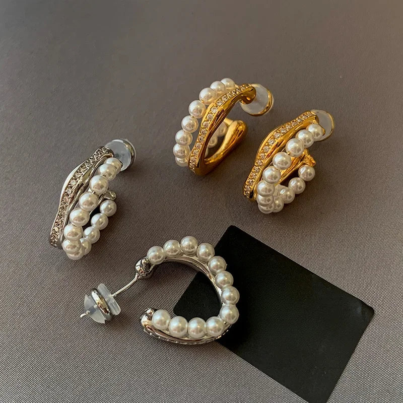 Daiiibabyyy  Inlaid Rhinestone Pearl Earrings for Women European and American Retro Elegant Fashion Stud Earring Luxury High-end Jewelry