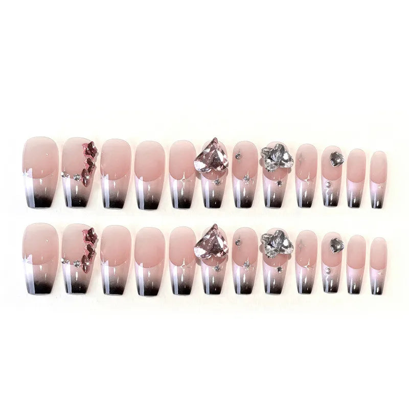 Daiiibabyyy 24pcs Rhinestone Design Fake Nails Sparkling Diamond Pink Heart-shaped False Nails Wearable Full Cover Nail Tips Press on Nails