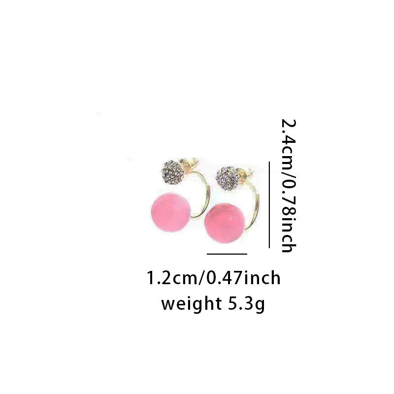 DAIIIBABYYY  -  Korean Sweet Pink Round Bead Earrings Set with Shiny Cubic Zirconia Stud Earrings for Women Elegant Fashion Jewelry Accessories