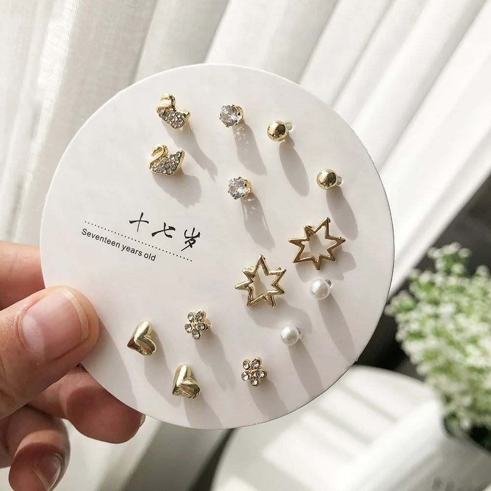 DAIIIBABYYY  -  Korean Fashion New Week Stud Earrings Set for Women Mini Sweet Pearl Heart Bow Rainbow Earring Luxury Jewelry Gift
