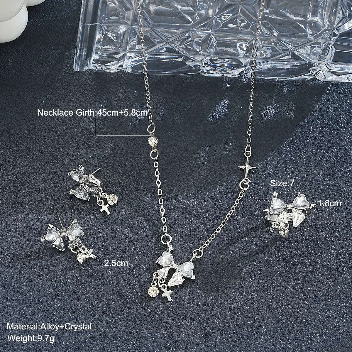 DAIIIBABYYY  -  2024 Fashion Sweet Zircon Bow Necklace Earrings Rings Set Three Pieces Silver Color Elegent Luxury Y2K Jewelry Set Party Gifts 