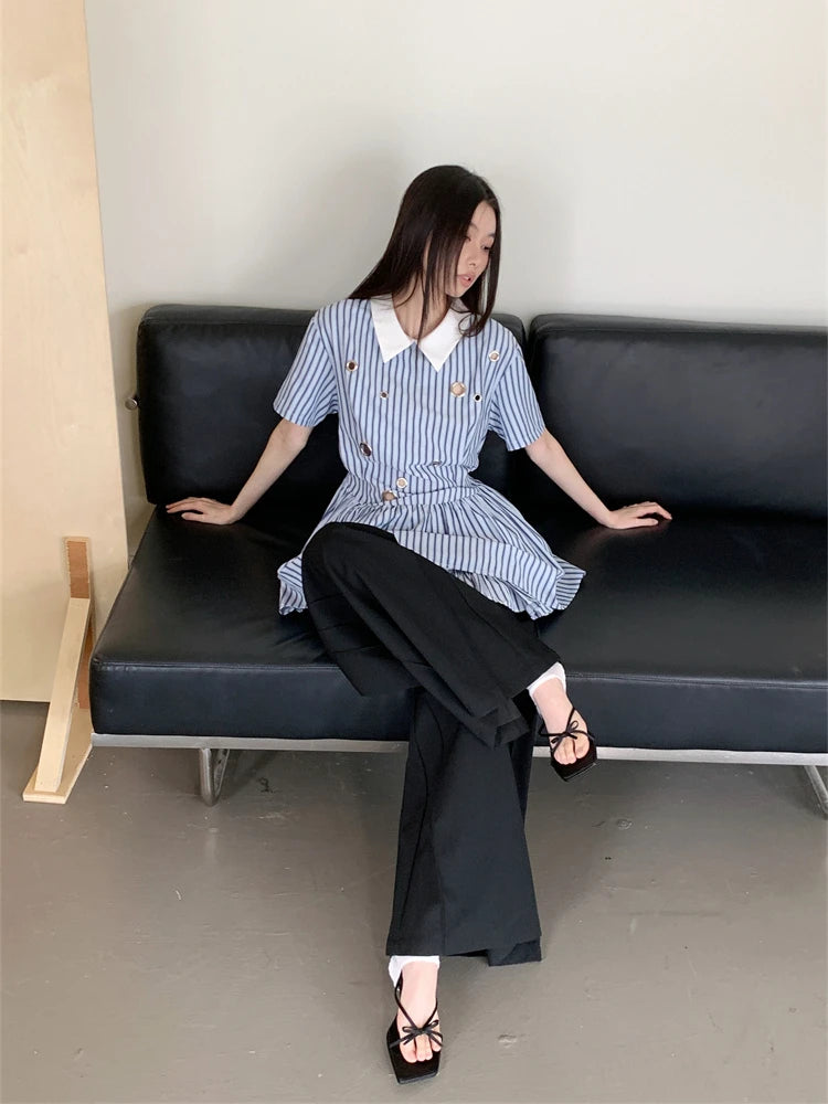 DAIIIBABYYY  -  Preppy Blue And White Striped Short Sleeve Dress Polo Collared Hollow Out Rings Mini Shirt Dress Women 2024 Summer