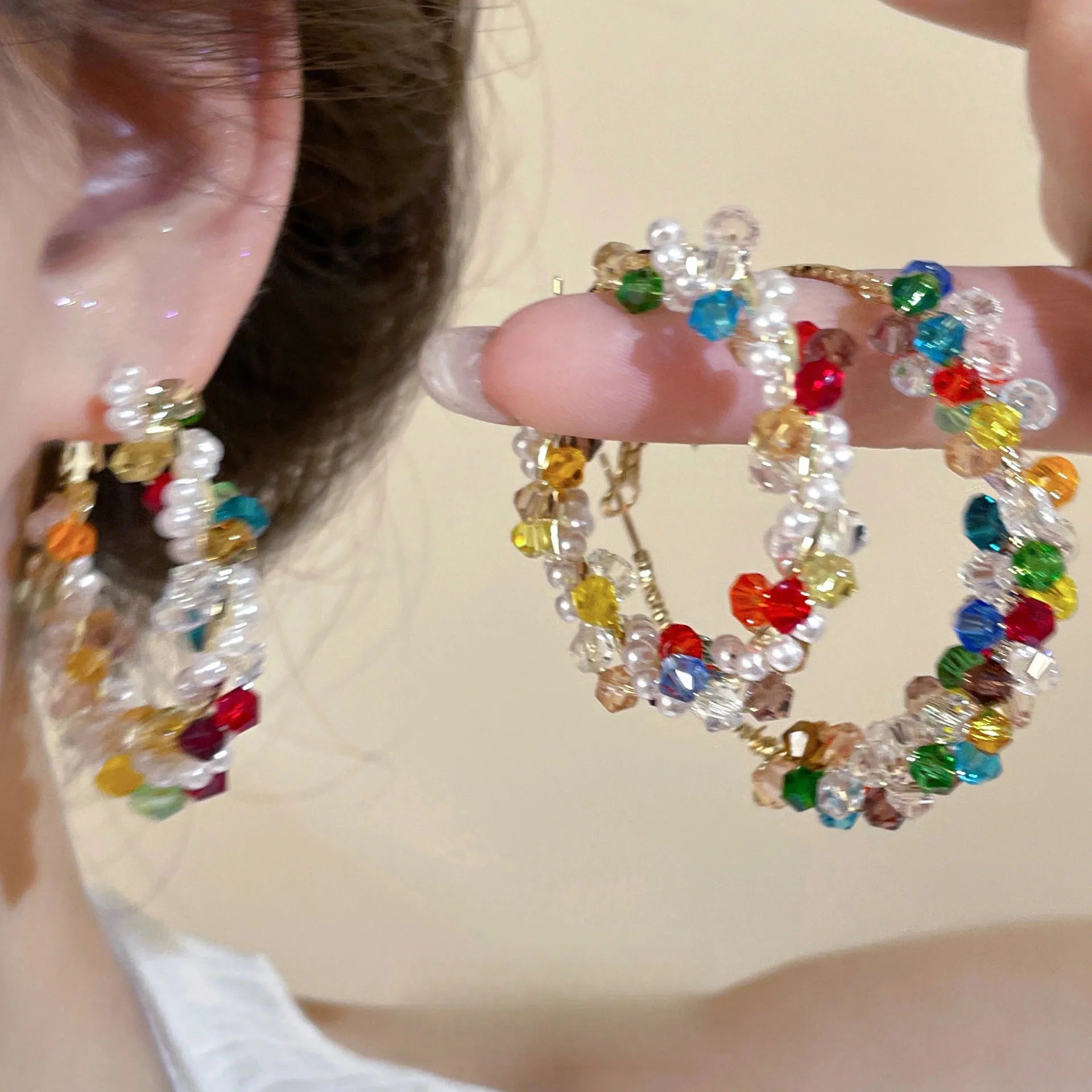 Daiiibabyyy  Shiny Colored Rhinestone Hoop Earrings for Women Exaggerated Geometric Crystal Large Circle Earrings Pearl Bead Earrings Jewelry