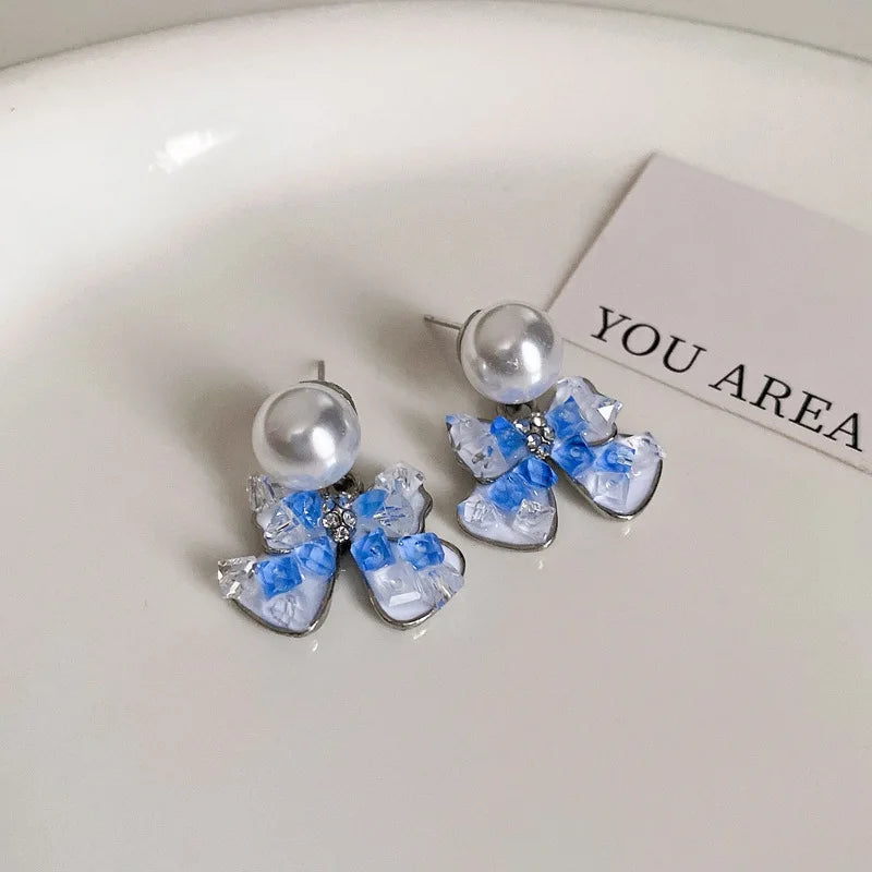 DAIIIBABYYY  -  Luxury Blue Gradient Crystal Butterfly Flower Pearl Earrings Flower Geometric Women Korean Fashion Kpop Tassel Earring
