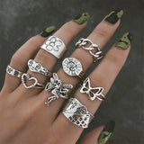 DAIIIBABYYY  -  Vintage Silver Color Poker Angel Wings Finger Rings for Women Punk Heart Butterfly Boho Knuckle Ring Sets Trend Jewelry