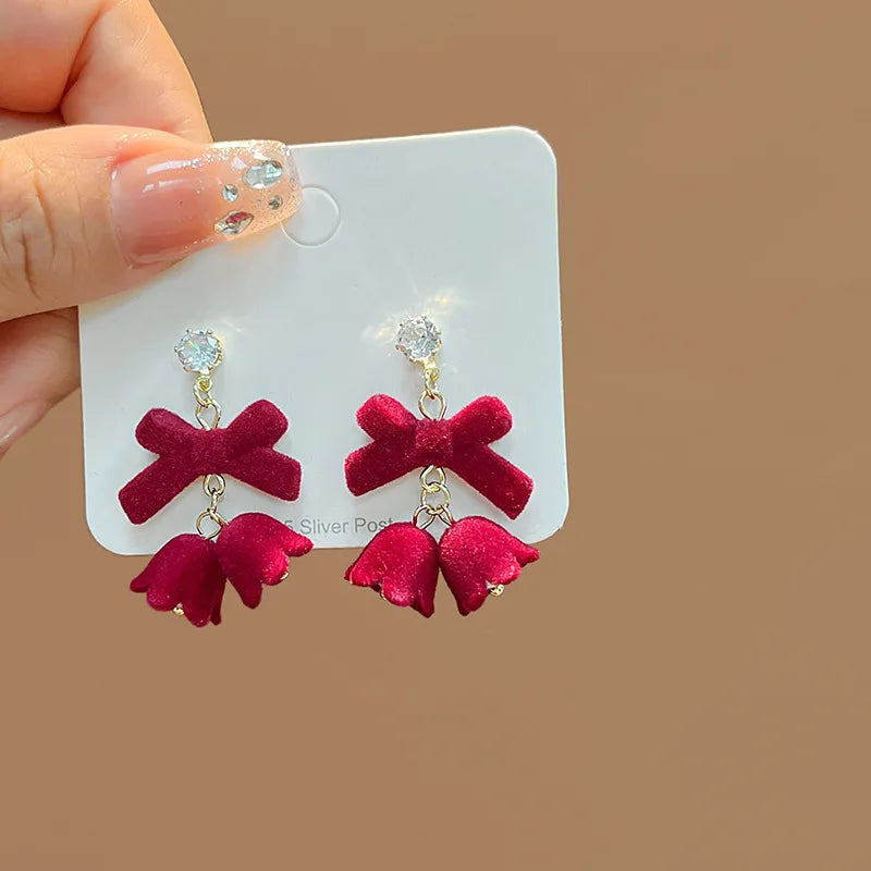 DAIIIBABYYY  -  New Romantic Winter Red Velvet Flocking Bow-knot Earrings Korean Fashion White Furry Ball Multi-style Dangle Earring Jewelry