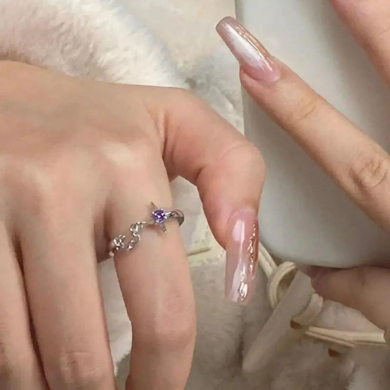 DAIIIBABYYY  -  Simple Purple Zircon Cross Star Chain Rings Fashion Romantic Geometric Chain Splice Rings Women Girl Finger Jewelry Accessories