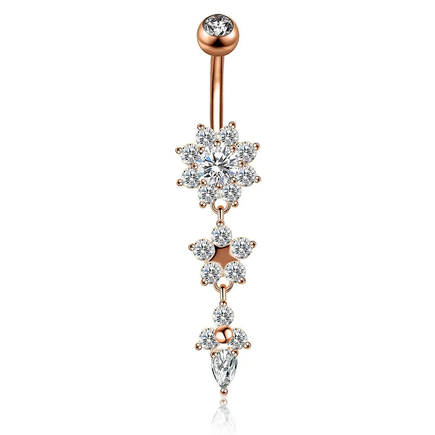 DAIIIBABYYY  -  Fashion Zircon Heart Belly Button Piercing for Women Stainless Steel Long Flower Pendant Navel Rings Piercing Ombligo Jewelry