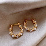DAIIIBABYYY  -  Retro French Pearls Gold Color Circle Hoop Earrings Women Simple Design Zircon Flowers Ear Studs Vintage Delicate Jewelry Gifts